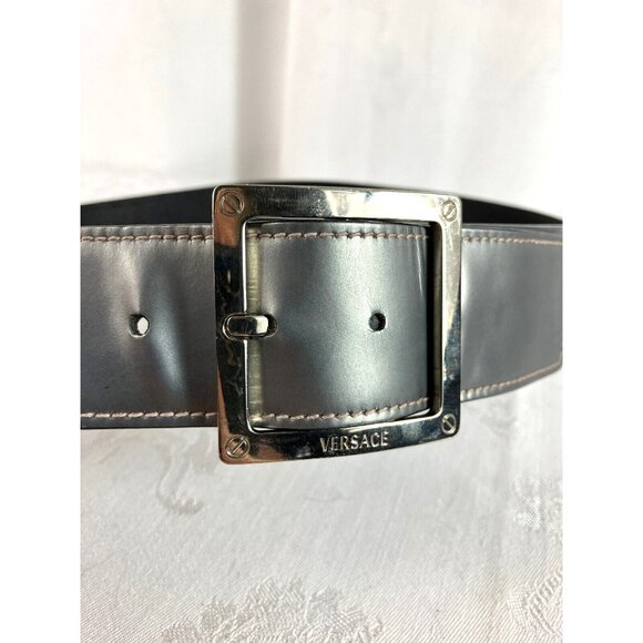 Vintage 90s Gianni Versace Gray Belt Metal Accents Y2K Futuristic - Picture 2 of 5